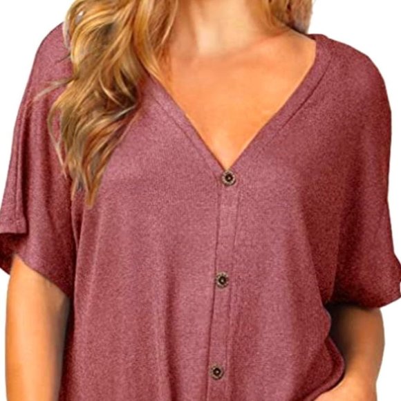 𝅺med-iwollence | Women's Waffle Knit Tunic Blouse Tie Knot | Short Sleeve - Picture 1 of 3